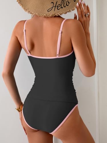 Image of Eomenie Women's Tankini Swimsuits Two Piece Tummy Control Bathing Suit Color Block Slim Swimwear with High Waisted Bottom