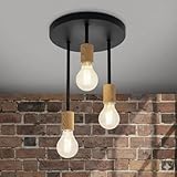 Hanging Ceiling Light, 3 Lights, Wood and Black, Modern Industrial Design, Round Base
