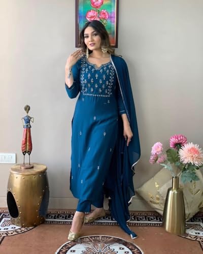 Image of Shiv Textiles Women's Viscose Rayon Embroidered Kurta Pant Dupatta Set(JDA-KAYRA-RAMA-M)