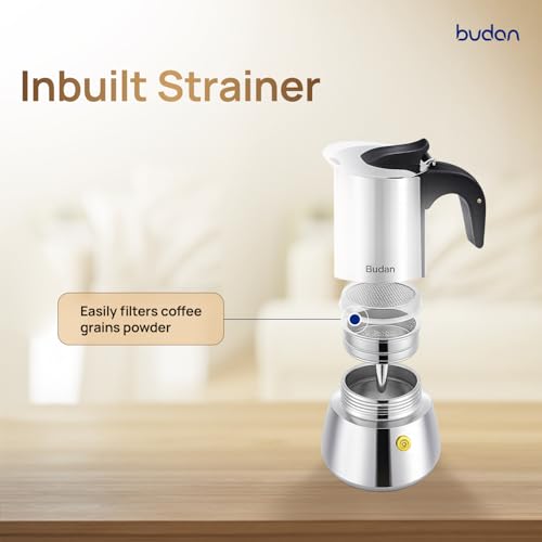 Image of Budan Moka Pot 2 Cup Stainless Steel Espresso Maker | Stovetop Coffee Maker | Works on Gas, Induction & Electric Stove | Durable Steel Body