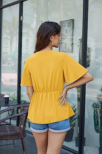 Women's Yellow Peplum Tops V Neck Bell Sleeve Tops Tie Front Elegant Blouses S — view 4