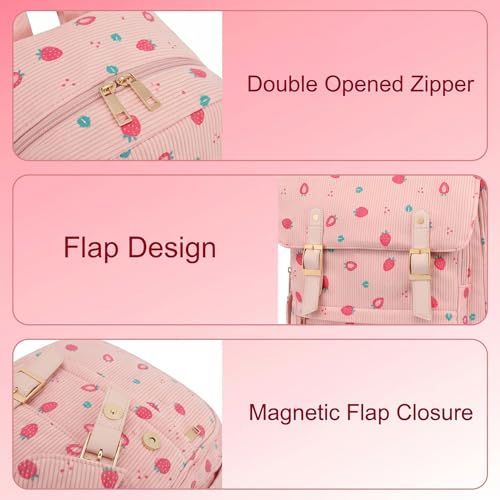 Image of Women Laptop Backpack, Corduroy 15.6 inch Travel Backpack for Work College Business, Teacher Nurse Bag with Large Capacity School Bookbag Bags for Girls - Strawberry Pink