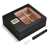 Cigar Humidor, Modern Glass Top Cedar Humidor Cigar Box with Digital Hygrometer, Humidifier, Divider, Handmade Cigar Case Holds 35-45 Cigars, Cigar Accessories for Men