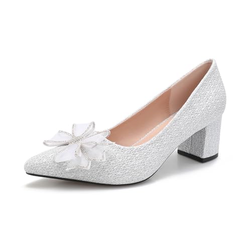 Women's Glitter Slip On Low Block Pumps Closed Pointed Toe Silver Gold Dress Chunky Heels with Bow for Woman Comfortable Wedding Prom Dating Pumps Shoes 2.36