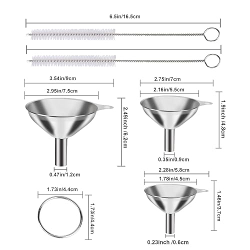 Image of Stainless Steel Funnels Set 3 Pcs - Food Grade Metal Mini Kitchen Funnels with 2 Cleaning Brushes, Small Funnels for Liquid, Oil, Spice & Powder Transfer, Narrow Mouth Nozzles