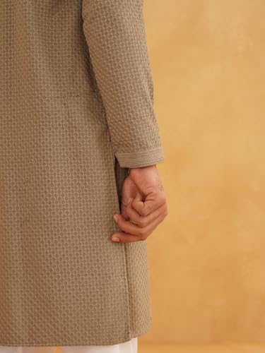Image of Sojanya (Since 1958 Men'S Geometric Embroidered Thread Work Cotton Straight Long Kurta