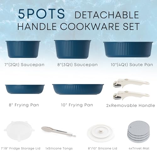 Caannasweis Detachable Nonstick Cookware Set - Stackable Induction Pots and Pans With Removable Handles, Dishwasher Safe - For RV Camping, Oven and Stovetop Use, 5 Pieces (Deep Sea) - Thumbnail 2