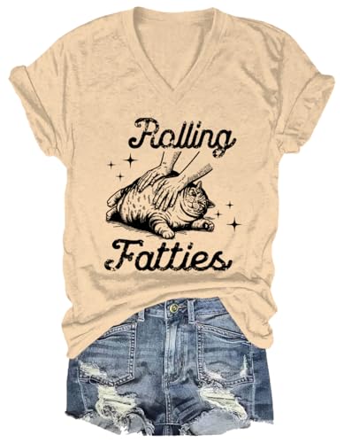 Rolling Fatties Cat Unisex Graphic Short Sleeve V-Neck Shirt T-Shirt Tee Khaki