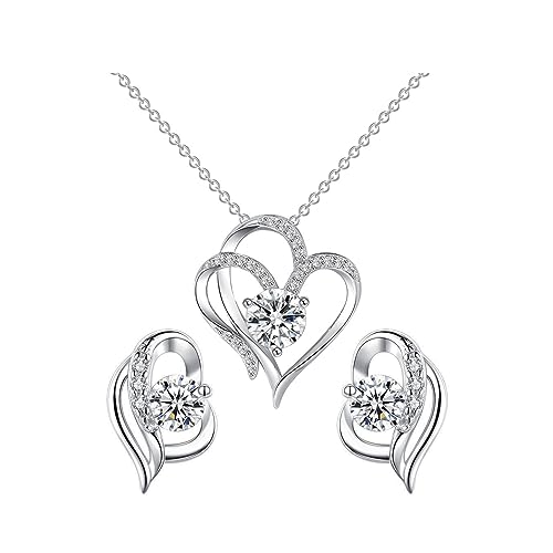 ankbrats 925 Silber Schmuckset für Damen, Doppel Herz Ohrringe Halskette Silber mit Zirkonia, Brautschmuck Set Geschenke für Frauen und Mädchen