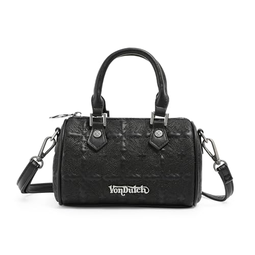 Von Dutch ���f�B�[�X �n���i �n���h�o�b�O ? ���߉\�ȃX�g���b�v�t���̃X�^�C���b�V���ȃn���h�o�b�O�A�L�X�Ƃ����C���e���A�A�ے��I�ȃ��S�f�U�C��, �u���b�N, 2 inches (W) x 10 inches (L) x 4.5 inches 