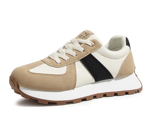 TIMEJOY Women's Retro Platform Sneakers Wide Fit Fashion Tennis Shoes with Recyclable Material Insole Vintage-Inspired Comfort for Walking, Lifestyle & Casual(8.5US Beige/Black)