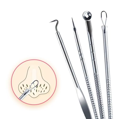 Image of Stainless Steel Blackhead Remover Comedone Extractor, Curved Blackhead Tweezers Kit, Acne Pimple Blemish Remover Tool- Set of 4 for Face, Nose, and Acne Treatment (Pack of 2)
