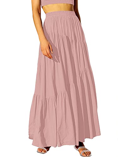 Image of ANRABESS Women's Boho Elastic High Waist Pleated A-Line Flowy Swing Asymmetric Tiered Maxi Long Skirt Dress with Pockets