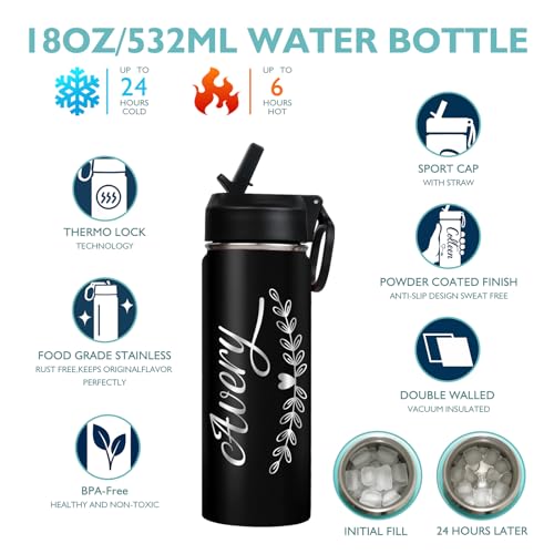 Image of Ships from USA,Personalized 18 oz Stainless Steel Water Bottle for Kids & Adults | Vacuum Insulated, Double-Wall with Straw Lid | 6 Colors Available | Custom Name & Text | Ideal Gift