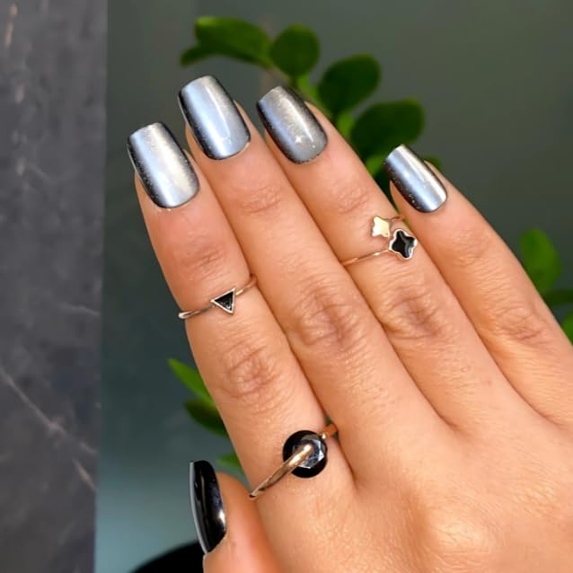 Glossara Press on Nails | Metallic Silver Grey Chrome Nail Extensions | 24pcs Short Square Press-On Nails with Glue | Cat-Eye Artificial Nails for Women-image-10