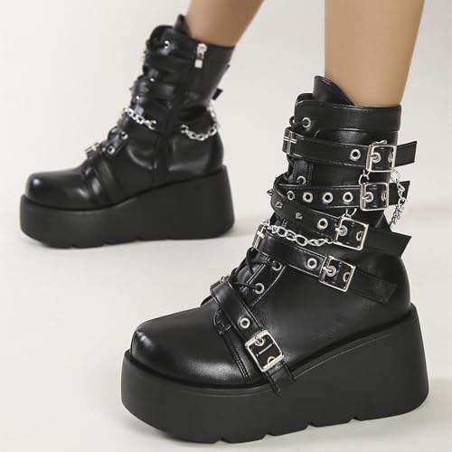 Platform Ankle Boots for Women Chunky High Heel Booties Goth Round Toe Combat Boots Lace Up Punk Motorcycle Wedges Boots2