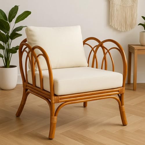 Image of Single Seater Accent Chair for Living Room | Wooden Armchair with Cushion for Bedroom, Hall, Balcony | Comfortable Lounge Chair for Home Furniture | Modern Sofa Chair for Indoor Use