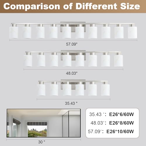 Image of 8-Light Bathroom Light Fixtures, Modern Vanity Lights, Brushed Nickel Metal Wall Lamp with White Marble Glass for Bathroom, Mirror, Living Room, Bedroom, Cabinet, Porch, Hallway, E26 Base