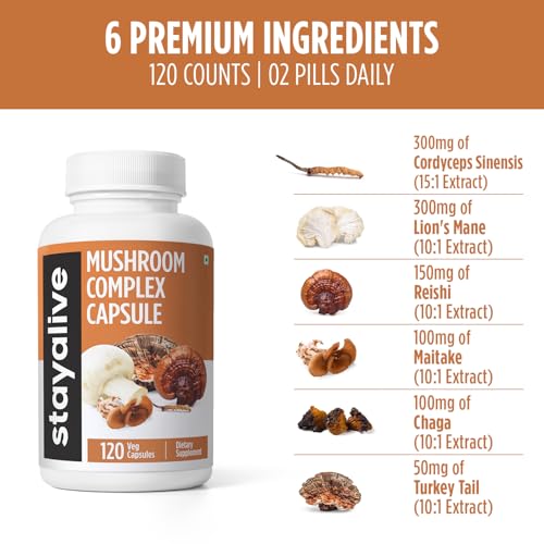 Image of STAY ALIVE Mushroom Complex 1000mg, 6-in-1 Mushroom Supplement w /Lions Mane, Reishi, Chaga, Cordyceps, Maitake and Turkey Tail Extract Powder, 120 Vegan Pills, Non-GMO & Gluten Free Herbal Capsules
