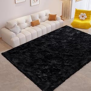 FinRèc Soft Black Area Rugs for Bedroom Living Room, 4×6 Feet Modern Indoor Fluffy Shaggy Rug, Non-Slip Fuzzy Furry Rug for Nursery Kids Room Dorm Room Home Decor, High Pile Plush Floor Carpet