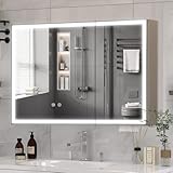 Saimeihome Spiegelschrank mit LED-Beleuchtung und Antibeschlag 100x60 cm, Doppeltür Badezimmer Spiegelschrank mit 5 Ablagefächern, Touch-Control Badspiegel Silber/sandweiß