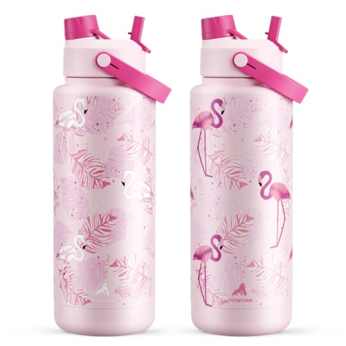 Image of POWCAN 40 oz Insulated Water Bottle with 2-in-1 Straw and Spout Lid, Glow-in-the-Dark, 24H Cold, Leakproof, BPA-Free, Double Wall Stainless Steel for Sports, Gym, Travel, School (Sun-Kissed Flamingo)