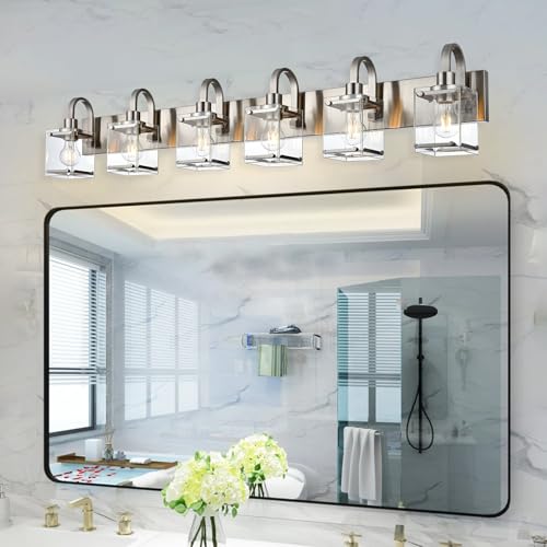 Image of 6-Light Bathroom Light, Brushed Nickel Vanity Light Fixture Over, Mirror,Modern Wall Lamp with Clear Glass Shade Wall Sconce Lighting for Living Room, Bedroom, Hallway