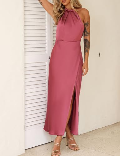 Image of 2026 Summer Satin Halter Neck Backless Slit Midi Dresses Elegant Cowl Back Ruched Wedding Guest Maxi Dress for Women