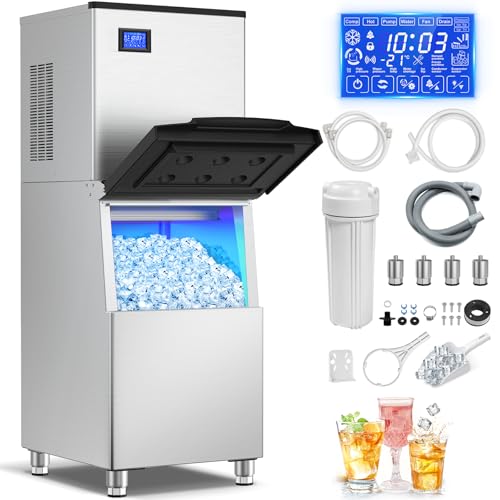 Commercial Ice Maker Machine 450 Lbs/24H, 350 Lbs Large Storage, Stainless Steel Commercial Ice Machine, 156 Ice Cubes/8-15 Min, Set Ice Thickness, 24