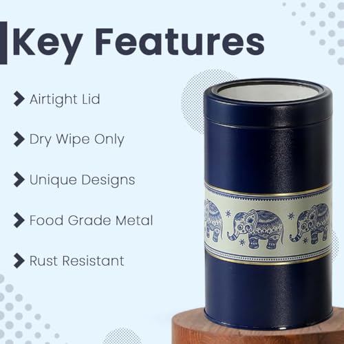 Image of Mandala Collection Airtight Kitchen Container Set| 850ML- Set of 2| Food Grade Metal Jars for Cereals, Cookies, Dals & Dry Food| Vacuum Lid, Rust Resistant| Blue Elephant Canisters