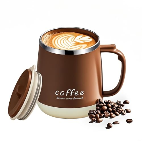 VPRO Gobelet à café, 350 ml - Gobelet isotherme sous vide à double paroi en acier inoxydable, noir, avec couvercle coulissant et poignée (Kaki, Base...