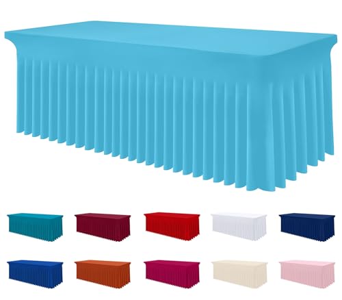 Image of Smiry Spandex Elastic Fitted Table Cloth Skirt for 8FT Rectangle Table | Stretch Washable Table Cloth, Banquet Table Cover for Wedding, Party, Indoor & Trade Shows, (Blue Mist, 96Lx30Wx30H)