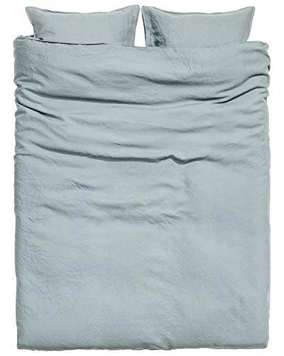 Eikei Washed Cotton Chambray Duvet Cover Solid Color Casual Modern Style Bedding Set Relaxed Soft Feel Natural Wrinkled Look (Queen, Eucalyptus Mint)