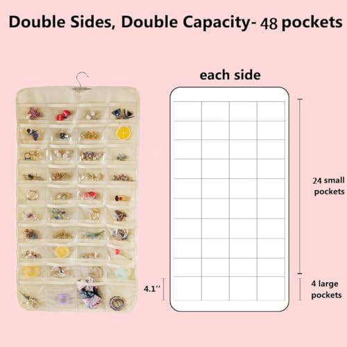 Image of Earring Organizer for Women | Hanging Jewellery Organiser with 48 Double-Sided Transparent Pockets | Earrings Holder, Necklace, Bangle Organizer | Jewelry Storage Organizer for Wardrobe Closet (Beige)