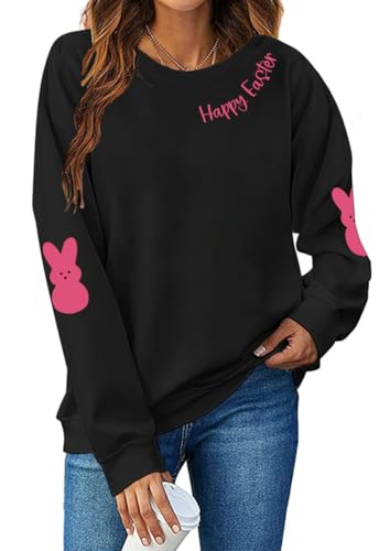 Muhuyi Easter Bunny Sweatshirt Women Long Sleeve Cute Rabbit Bunny Graphic Tees Happy Easter Pullover Tops(Elbow/black L)