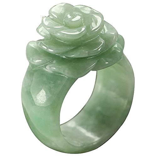 BXSMNH Emerald Rose Flower Genuine Green Jade Band Ring Fortune Jadeite Ring for Men and Women Trendy Jewelry (Size : 7)