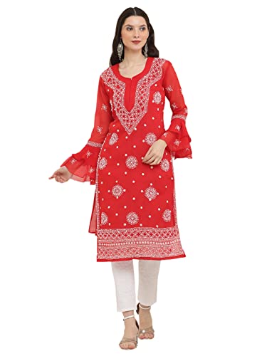 Image of FAWOMENT Women's Designer Georgette Straight Kurta with Hand Crafted Lucknowi Chikankari Embroiderey Emblemished Moti Work Along