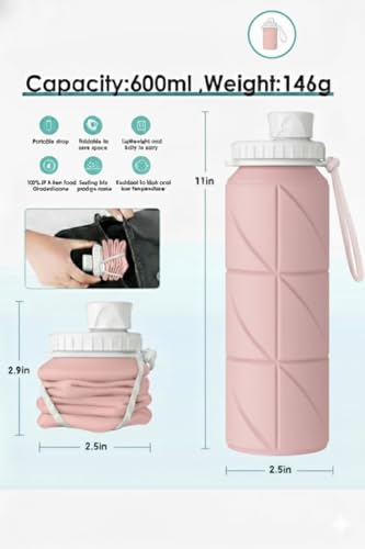 Image of SILENCIO Silicone Water Bottle 600 ml | Foldable Leak Proof Travel Bottle | BPA Free Reusable Drinking Bottle for Gym, Trekking, Camping & Outdoor Use (PINK)