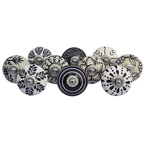 Royal Kraft Vintage Black Hand Painted Ceramic Pull Knobs for Kitchen Cabinet, Door & Drawer, Wardrobe, Cupboard (10 Designs x 2 pcs = 20 knobs) Sknob009_20