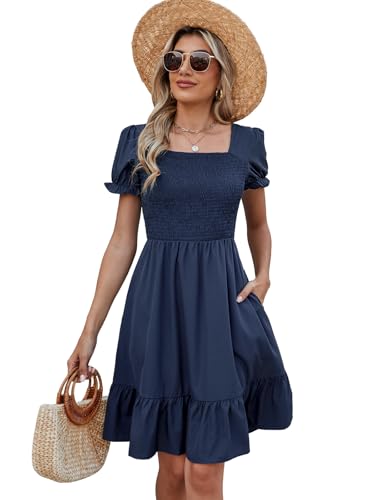 Image of Lyrur Women's Short Sleeve Summer Dresses 2026 Spring Casual Square Neck Easter Dress A-Line Tiered Sundress with Pockets
