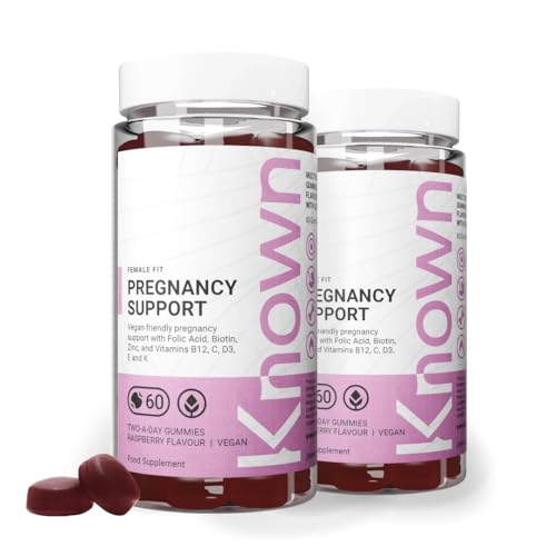 Known Pregnancy Support Gummies with 400mcg Folic Acid – Raspberry Flavour – Vegan Prenatal Multivitamin Gummy Supplement – with Vitamin D3, K, C, E, B12, Biotin & Zinc – 2 Month Supply