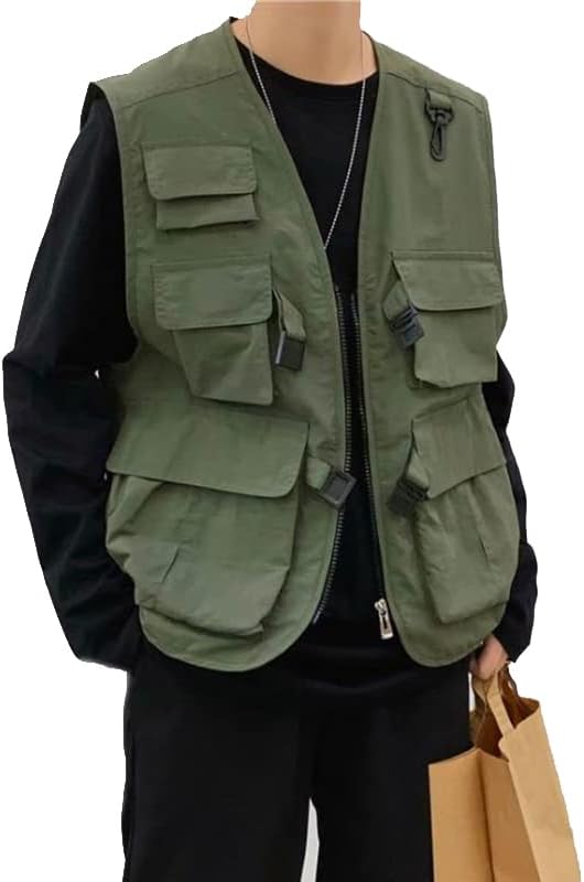Miniatura 3 de Aoleaky Chaleco de herramientas para hombre,Chaleco de carga Streetwear,Chaqueta sin mangas Hip Hop,Chaqueta militar con múltiples bolsillos para