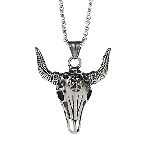 Men Necklace Stainless Steel Hip Hop Charm Taurus Chain Pendant Cow Bull Skull Head Necklace Punk Masculine Boys Vintage 3D Animal Jewelry 26 inch
