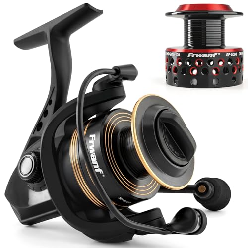 Frwanf FRWANF-SF Carrete de Pesca Spinning Ligero con Doble Bobina de Aluminio, Relación de Engranajes 5.2:1, Freno Máximo 39.7 lb, Cuerpo de Nylon y Fibra de Vidrio Resistente al Agua Salada Rojo y Dorado miniatura 2