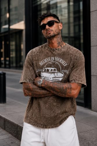 Image of London Hills Men's Oversized t Shirt for Men Graphic T-Shirt | Acid Wash Printed Men T-Shirts | Tshirt for man Round Neck Half Sleeve Pure Cotton Casual Mens tees | Off Shoulder Tshirt Shirts man
