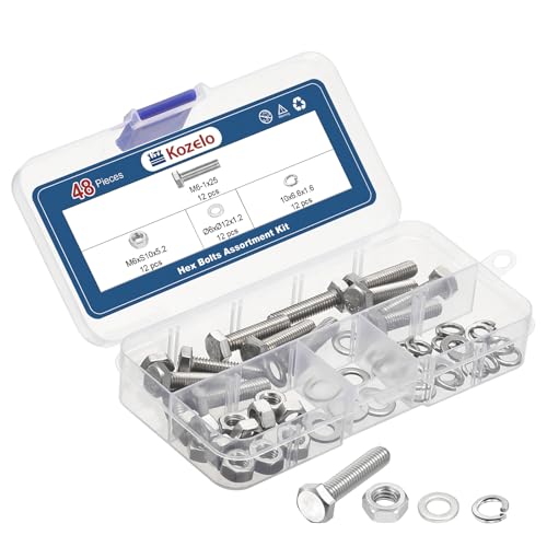 Kozelo 48Pcs Bolts and Nuts Washers Kit-M6-1x25 304 SS Hex Tap Bolt