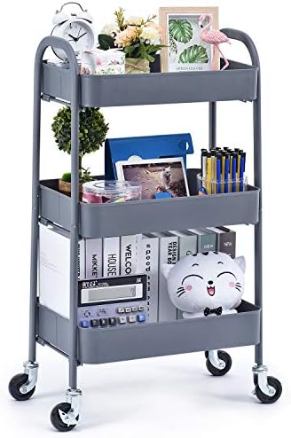 TOOLF 3 Tier Rolling Cart, No Screw Metal Utility Cart, Easy Assemble Utility Serving Cart,Sturdy Storage Trolley with Handles, Locking Wheels,for Kitchen Garage Home Bedroom Bathroom, Grey