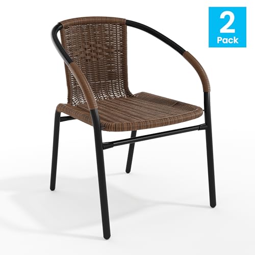 Image of Flash Furniture Lila Modern Rattan Indoor /Outdoor Stackable Dining Chairs, Stacking Rattan Bistro Chairs for Patio or Restaurant, Set of 2, Brown