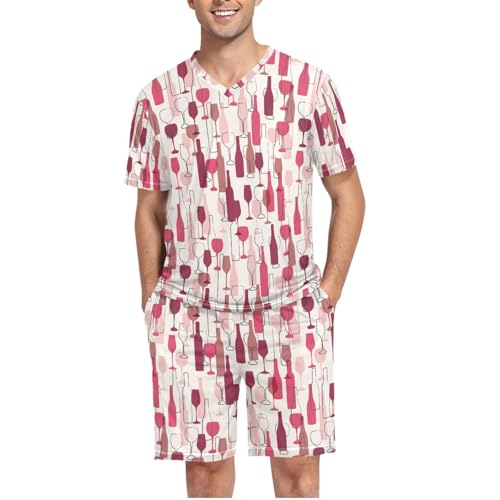 Men's Pajama Set Summer Short Sleeve Wine Bottle and Wineglass Loungewear 2 Piece Sleepwear Set with Pockets