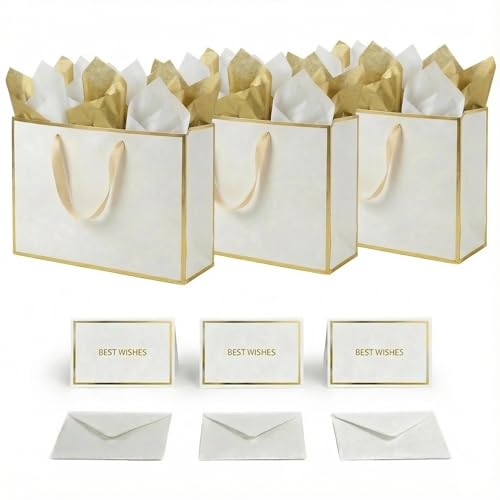 JUNESHE Teal Gift Bags Set of 3, 13.8 inch Paper Bag with Handles Matching Card Envelop Sticker Tissue Paper for Party Shopping Birthday Wedding Anniversary Turquoise